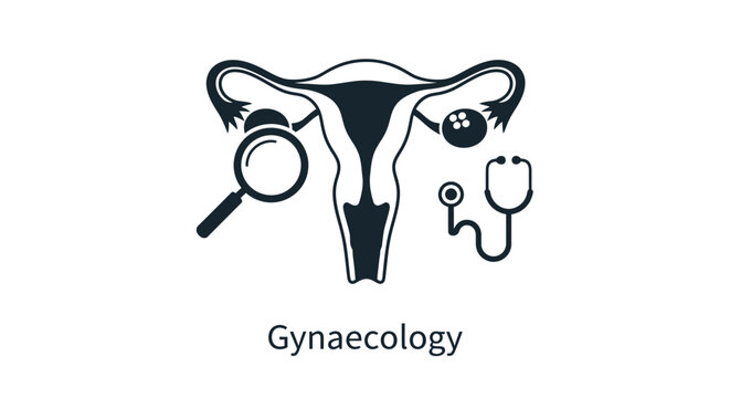 Gynaecology concept illustration with uterus symbol, magnifying glass, and stethoscope.
