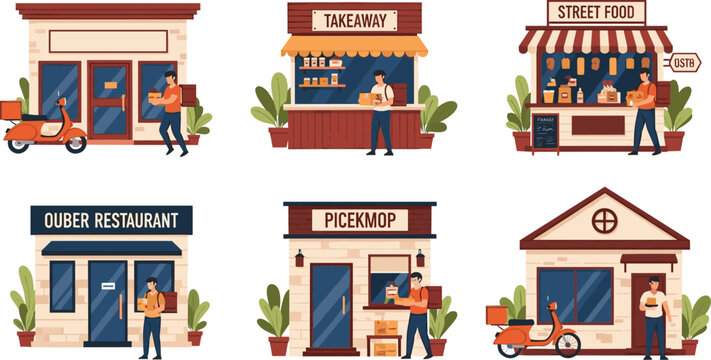 Modern food delivery service set featuring couriers with motorbikes picking up orders from various restaurants takeaway shops and street food stalls vector