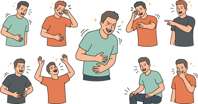 Set of Young Man Characters Expressing Various Laughter Emotions, Joyful Expressions, and Hilarious Moments for Comic Illustrations, Web Design, and Social Media Graphics