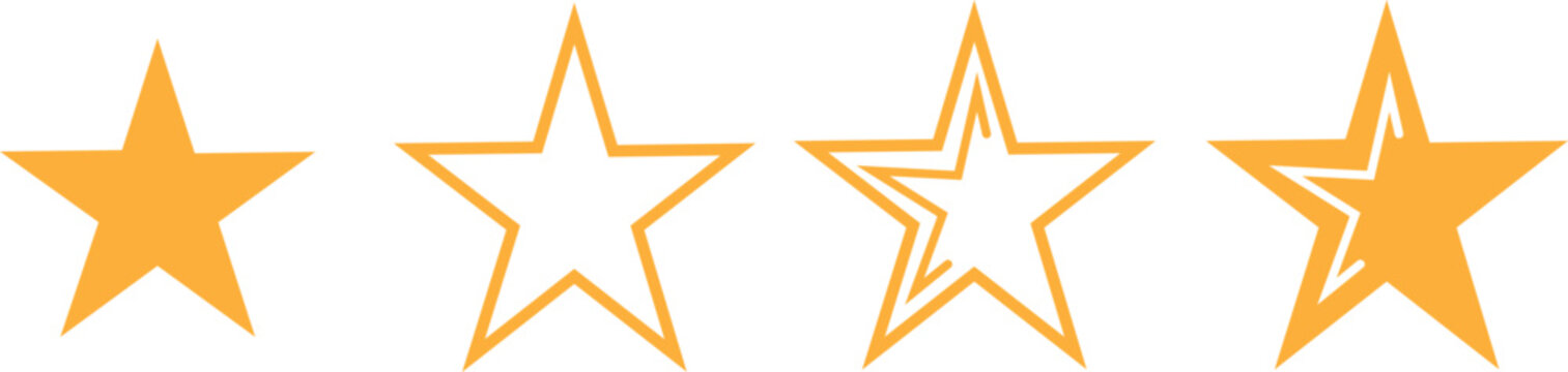 Four yellow stars in different styles on transparent background for rating or decoration purposes