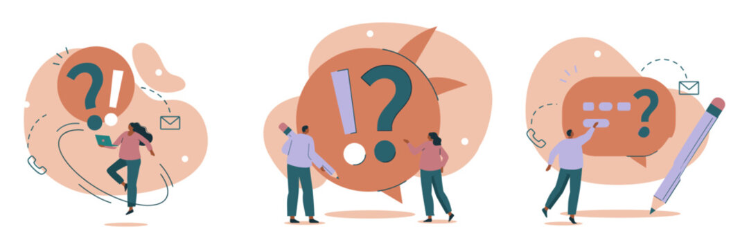 Questions and answers concept with people and speech bubbles question exclamation discussion communication information dialogue brainstorm illustration template abstract background