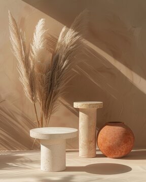 Organic clay pedestals with terracotta vase and dried plants on a simple surface in soft light during daytime