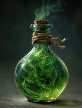 Fantasy green magic potion in a round glass bottle with a cork stopper and rope tie emitting glowing green smoke and mystical vapor on a dark textured background for alchemy