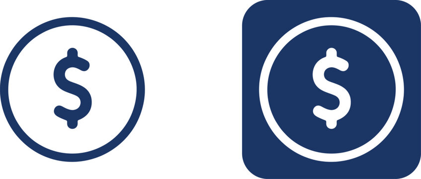 Dark blue dollar sign currency in circular and square frames for financial applications