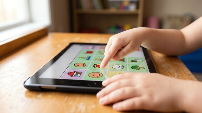 Child Finger Touching Colorful AAC Symbol Grid on Tablet During Augmentative and Alternative Communication Therapy Session
