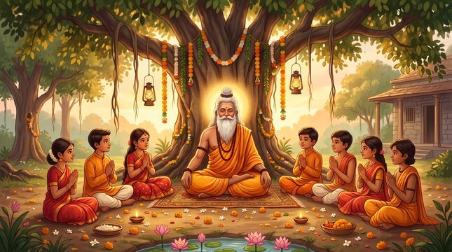 Wise Indian Guru Teaching Children Under Banyan Tree, Traditional Gurukul Education System Vector Illustration, Spiritual Meditation and Ancient Vedic Learning Scene
