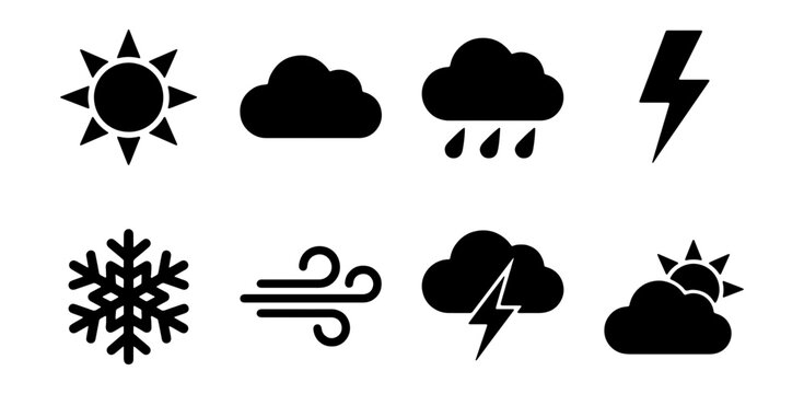 Weather Icons Set: Sun, Clouds, Rain, Snow, Wind, Lightning, Stormy Forecast