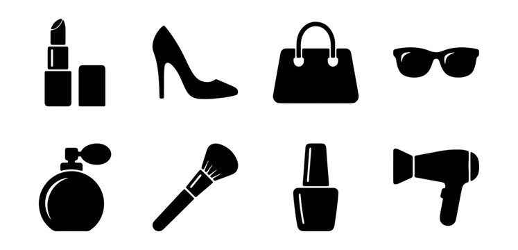 Fashion & Beauty Icons: Lipstick, Heels, Handbag, Sunglasses, Perfume, Brush, Polish, Dryer