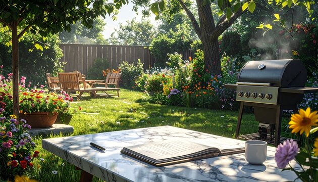 Get ready for a backyard summer party with this barbecue grill, marble table, and instruction manual.