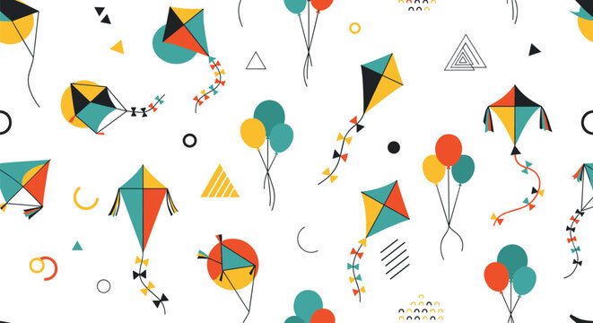 Seamless pattern with colorful kites balloons and geometric shapes in memphis style for children fabric wallpaper and birthday backgrounds.