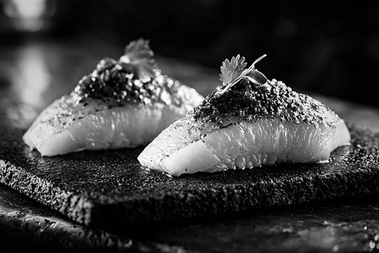 Two pieces of yuzu kosho yellowtail sushi nigiri on stone plate