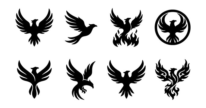 Phoenix Icons Set, Mythical Bird Vector Graphics, Fiery Symbol Collection, Black Silhouette Art
