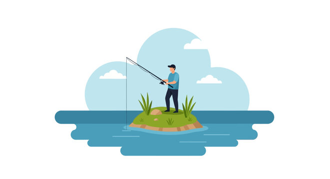 Fisherman standing on a tiny island catching fish with a rod. Flat vector illustration of outdoor hobby, relaxation, and isolation concept.