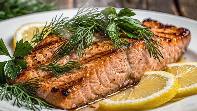 Hot grilled salmon fillet featuring distinct char marks and rising steam, garnished with fresh dill, parsley, and yellow lemon slices on a white plate with a dark wooden background.