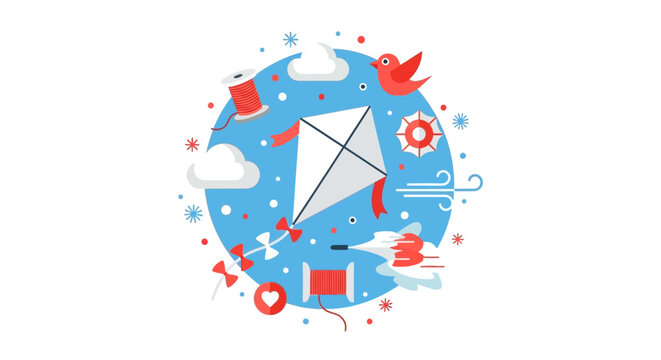 Flat Vector Illustration of a White Kite Flying in a Blue Sky with Clouds, Bird, and Wind Symbols