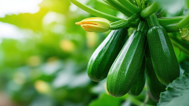 Fresh green zucchinis growing on a plant with a yellow flower in a vibrant vegetable garden under natural sunlight