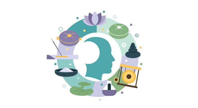 Holistic Wellness and Mindfulness Concept Illustration with Human Profile, Zen Icons, and Meditation Elements for Mental Health and Relaxation