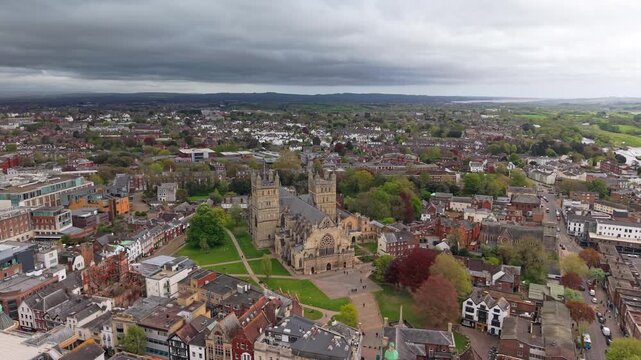 Aerial view of Exeter, which is an ancient city on the River Exe in southwest England. Dating back to the Roman era, the Exeter City Walls surround its centre and Gothic Exeter .