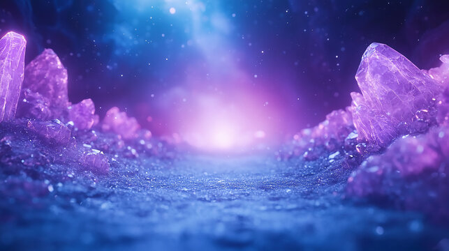 A vibrant, glowing purple crystal cave with sparkling mineral formations and a mystical, ethereal light in the background.