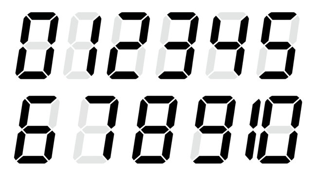 Collection of black digital numeric characters from zero to ten in a seven segment italic display style on white, illustrating countdown timer ui and representing electronic clock systems