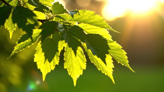 Green leaves glowing in warm sunset light in forest