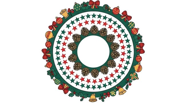 Festive Circular Wreath Adorned with Pine Cones and Christmas Ornaments