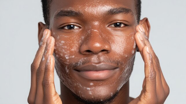 Young African male applying facial cleanser with hands, showcasing skincare routine, clean background emphasizing personal care and grooming