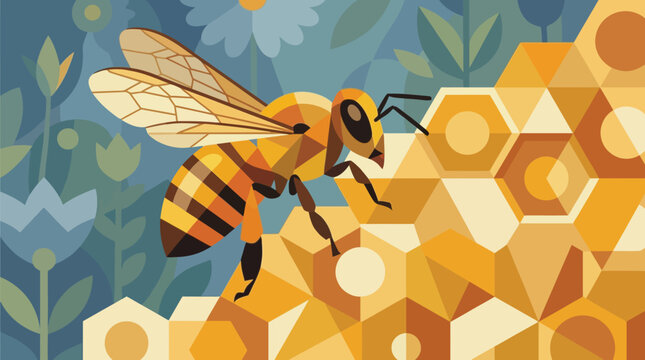 A detailed geometric stylized honey bee perched upon a golden textured honeycomb structure crafted with vibrant artistic flair on transparent background
