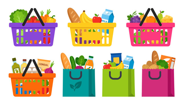 Colorful plastic shopping baskets and paper bags filled with various fresh groceries including vegetables fruits and dairy products, provides retail store promotion and illustrating healthy diet