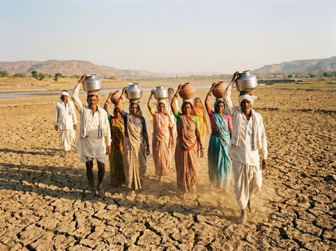 Indian Farmers Crossing Parched Farmland &ndash; Struggle for Water in Severe Drought Conditions