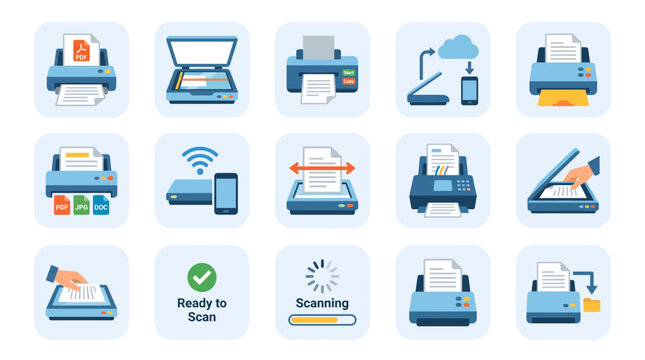 Collection of modern printer and scanner icons with document file formats and wireless cloud connection elements in a flat blue design, symbolizing efficient office workflow automation