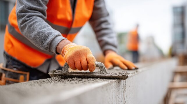 Construction worker in safety gear smoothing concrete surface with trowel at building site, wearing orange gloves and reflective vest, with blurred construction background
