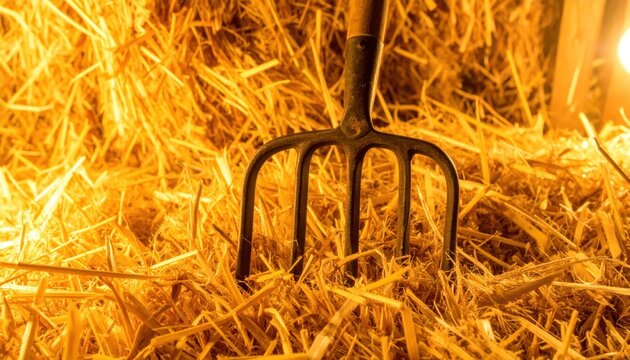 Pitchfork Resting in a Bale of Golden Hay.