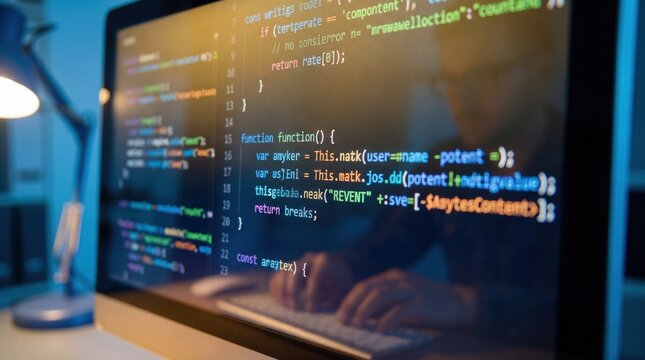 Colorful computer code on screen with reflected typing hands.