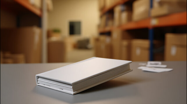 Blank white book on a gray table, in a blurred warehouse interior with shelves and cardboard boxes, close-up, horizontal format
