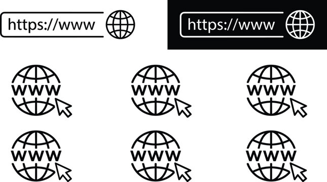 Website URL and WWW Internet Icons with Browser Address Bar and Global Web Navigation Symbols for Digital Technology Design.