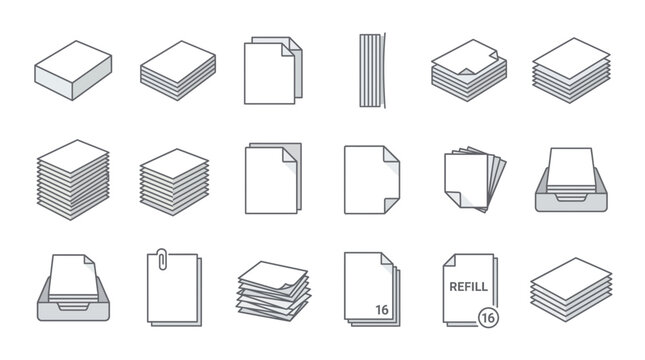 Collection of minimalist white paper stack and document vector icons in isometric and flat line art style for office, Representing efficient document management and administrative workspace
