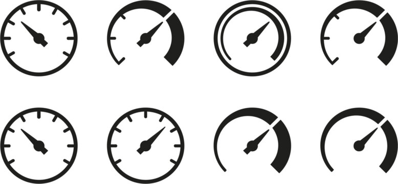 Speedometer Gauge Icons Collection with Dashboard Meter and Performance Indicator Symbols for Automotive and Technology Design.