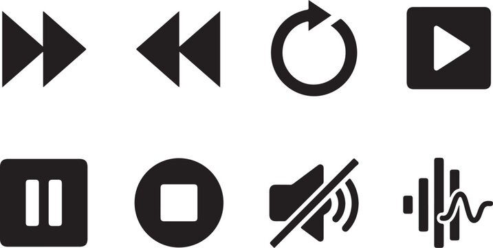 Media player icons, playback controls, vector symbols, audio video buttons
