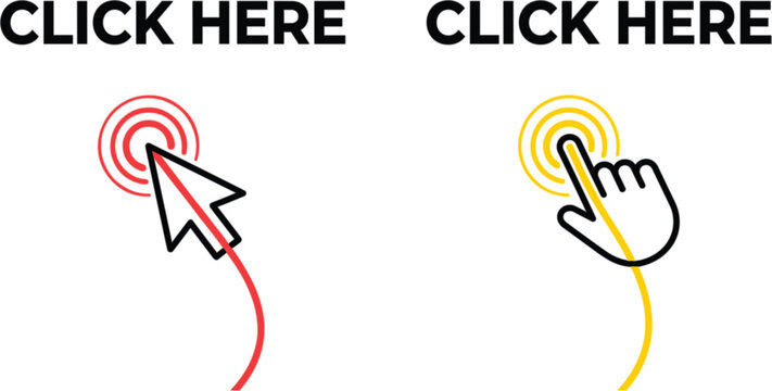 Click Here Buttons with Cursor and Hand Tap Icons for Website Navigation, Call to Action, and Digital Interface Design.