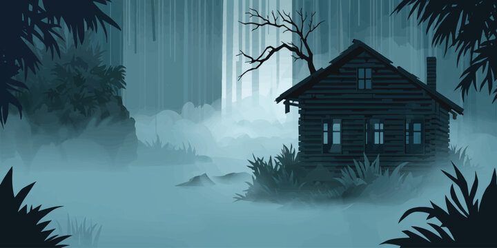 Abandoned Wooden Shack in Dark Misty Swamp Forest &mdash; Creepy Horror Night Scene Illustration