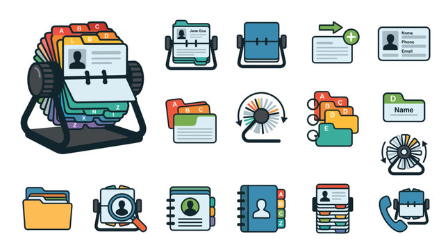 Retro rolodex card file icons with colorful alphabetical tabs and vintage address book illustrations, representing efficient contact management and provides organized office data solutions