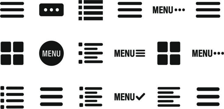 Menu Icon Collection with Hamburger Buttons, Navigation Symbols, and User Interface Elements for Mobile and Web Design.