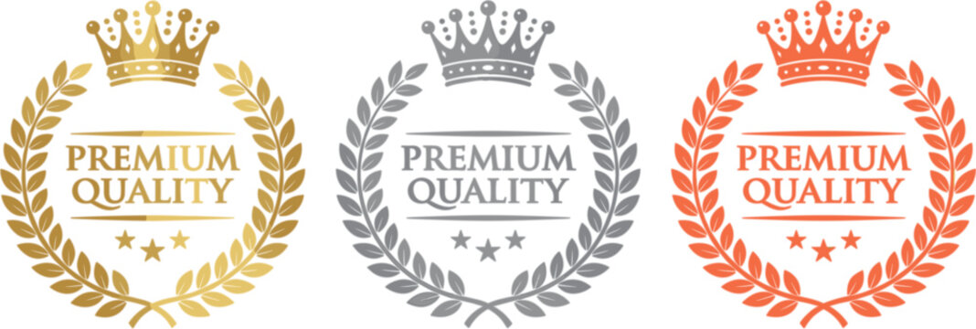 Premium Quality Badge Collection with Crown, Laurel Wreath, and Luxury Certification Emblems for Branding and Product Label Design.