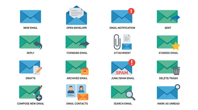 Flat vector icon set of sixteen email envelope mail notification and communication symbols on white background, illustrating digital business correspondence and provides UI design elements