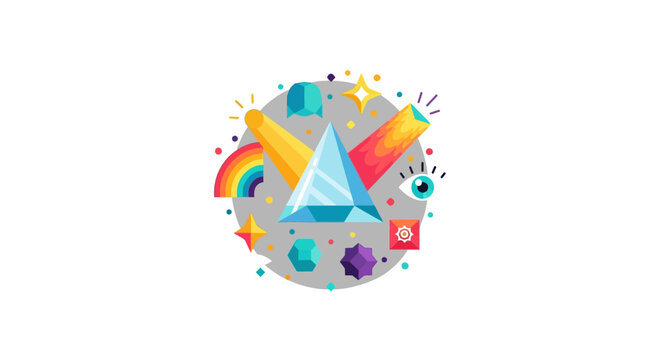 Abstract Science Concept Flat Vector Illustration with Prism, Light Refraction, Rainbow, and Optical Symbols