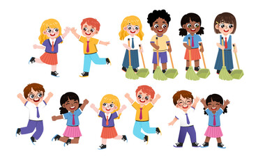 Fototapeta premium Cheerful and diverse group of cartoon children enjoying various activities, from joyful play to helpful cleaning tasks, celebrating youth and teamwork