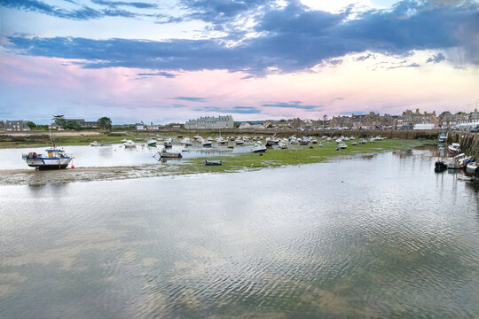 Barfleur in Normandy, the harbor, with traditional houses in background

