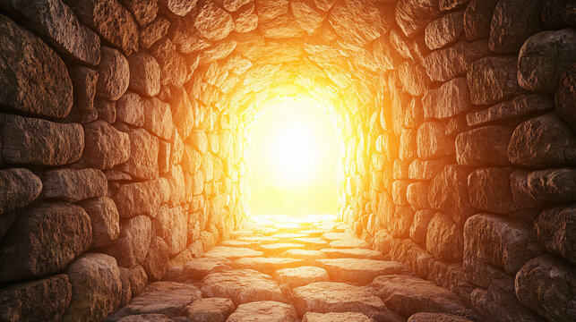 A stone tunnel illuminated by bright, warm sunlight at the exit, creating a glowing and hopeful ambiance.