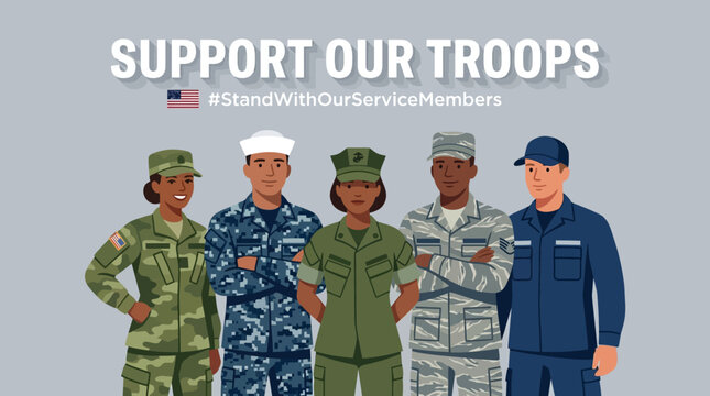 An illustration of diverse military service members standing united, representing national pride, unwavering support, and the collective strength of our armed forces personnel